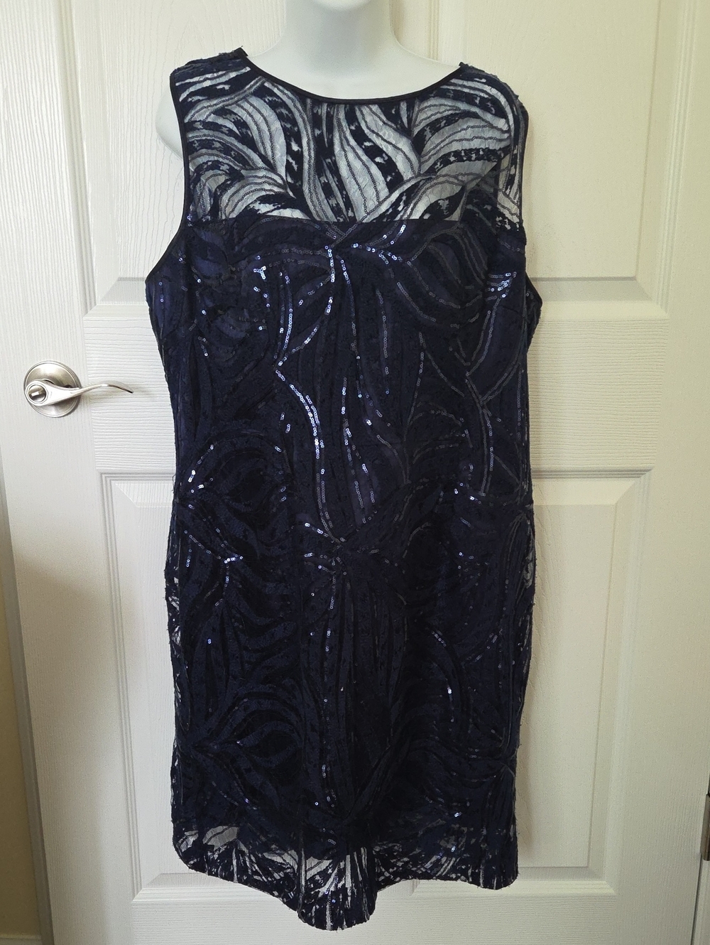 Tahari Navy Sequin Sleeveless Sheath Dress 18